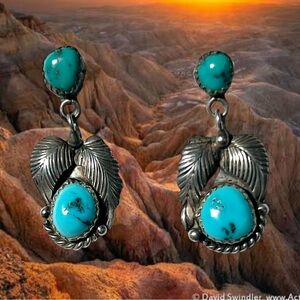 Native American made Sterling Silver and Turquoise Dangle Leaf Earrings